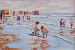 Painting 20th Century Sea Bathing 1900 French Normandy Beach and Children
