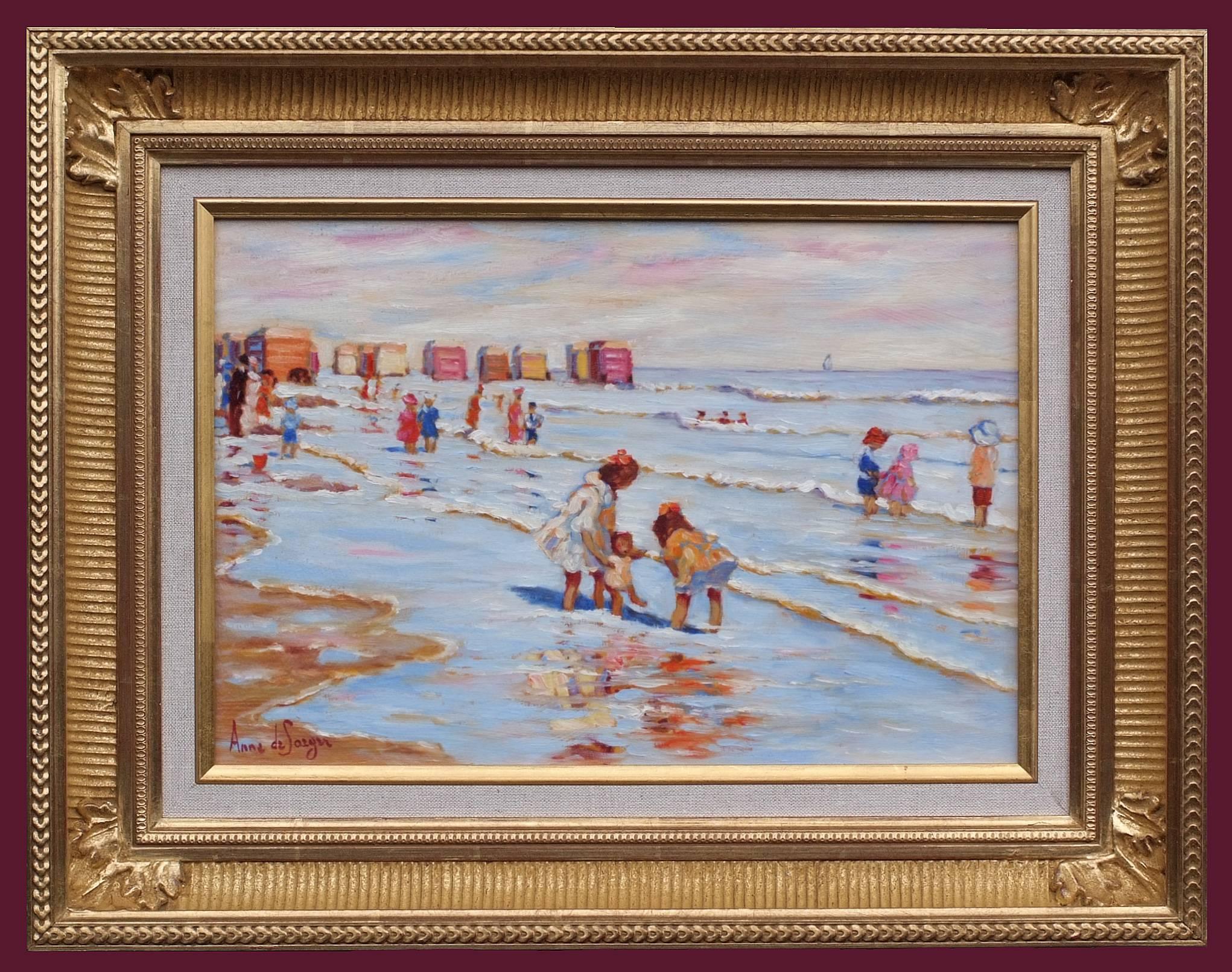 Anne de Saeger Portrait Painting - Painting 20th Century Sea Bathing 1900 French Normandy Beach and Children