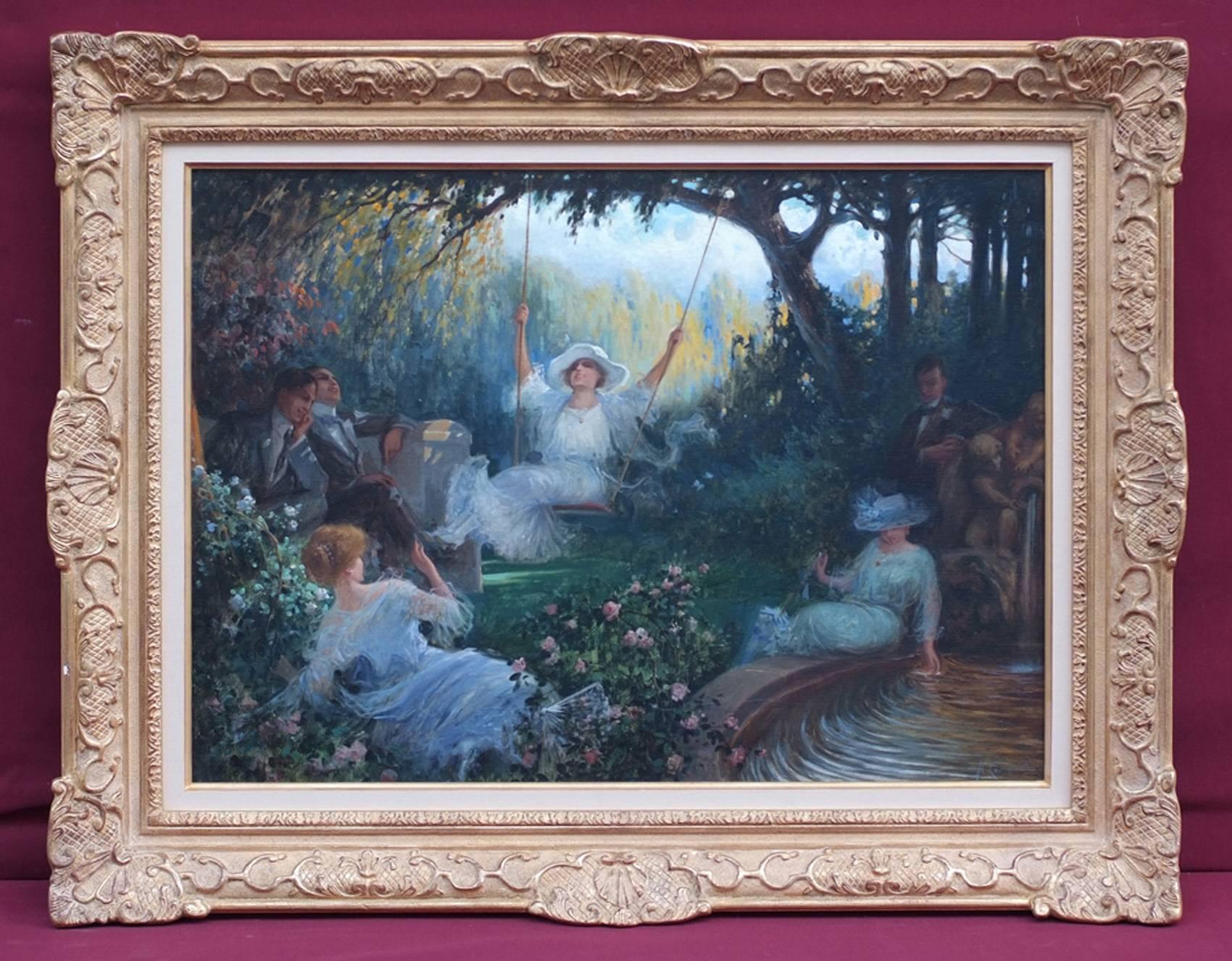 Antonio Cerveto Landscape Painting – The Swing - Romantische Szene im Garten