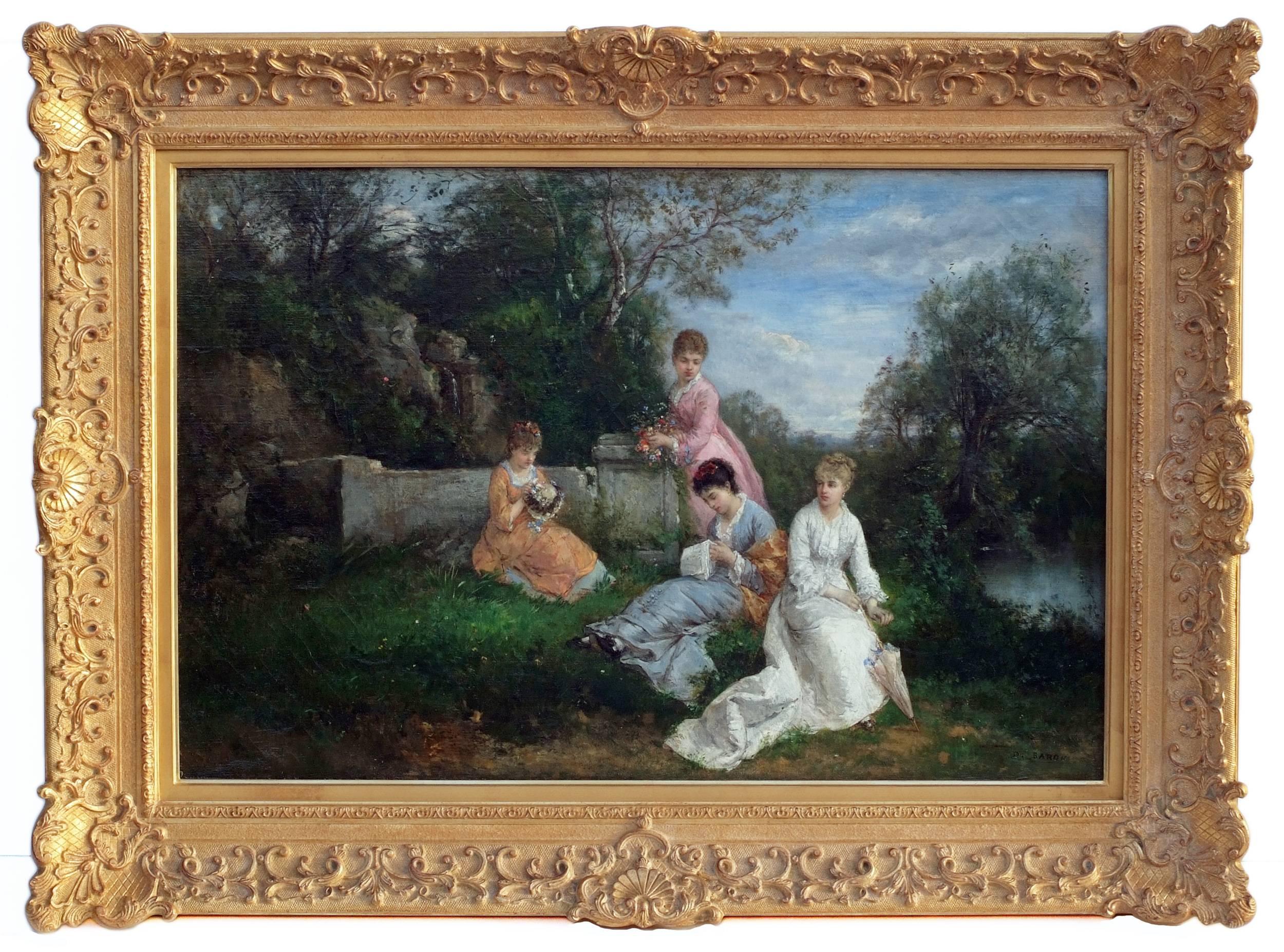 Dominique Baron Portrait Painting - BARON Dominique (19th Century)  Painting Elegant Ladies By The River 