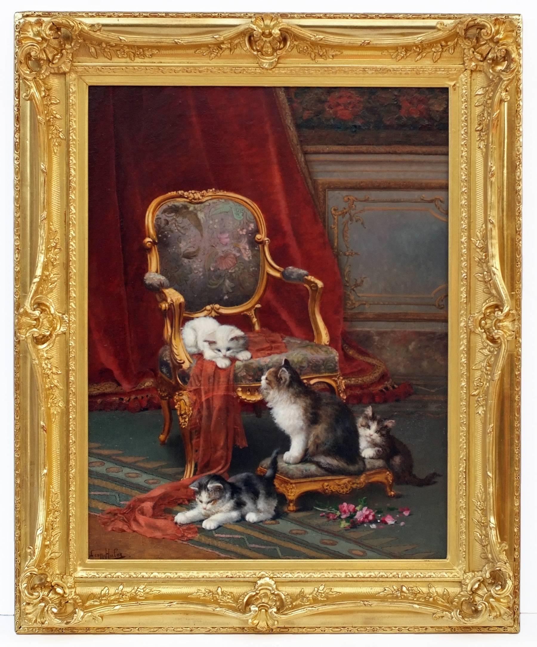 Léon Charles Huber Interior Painting - HUBER Léon Charles - Academic painting 19th century - Interior with Cats