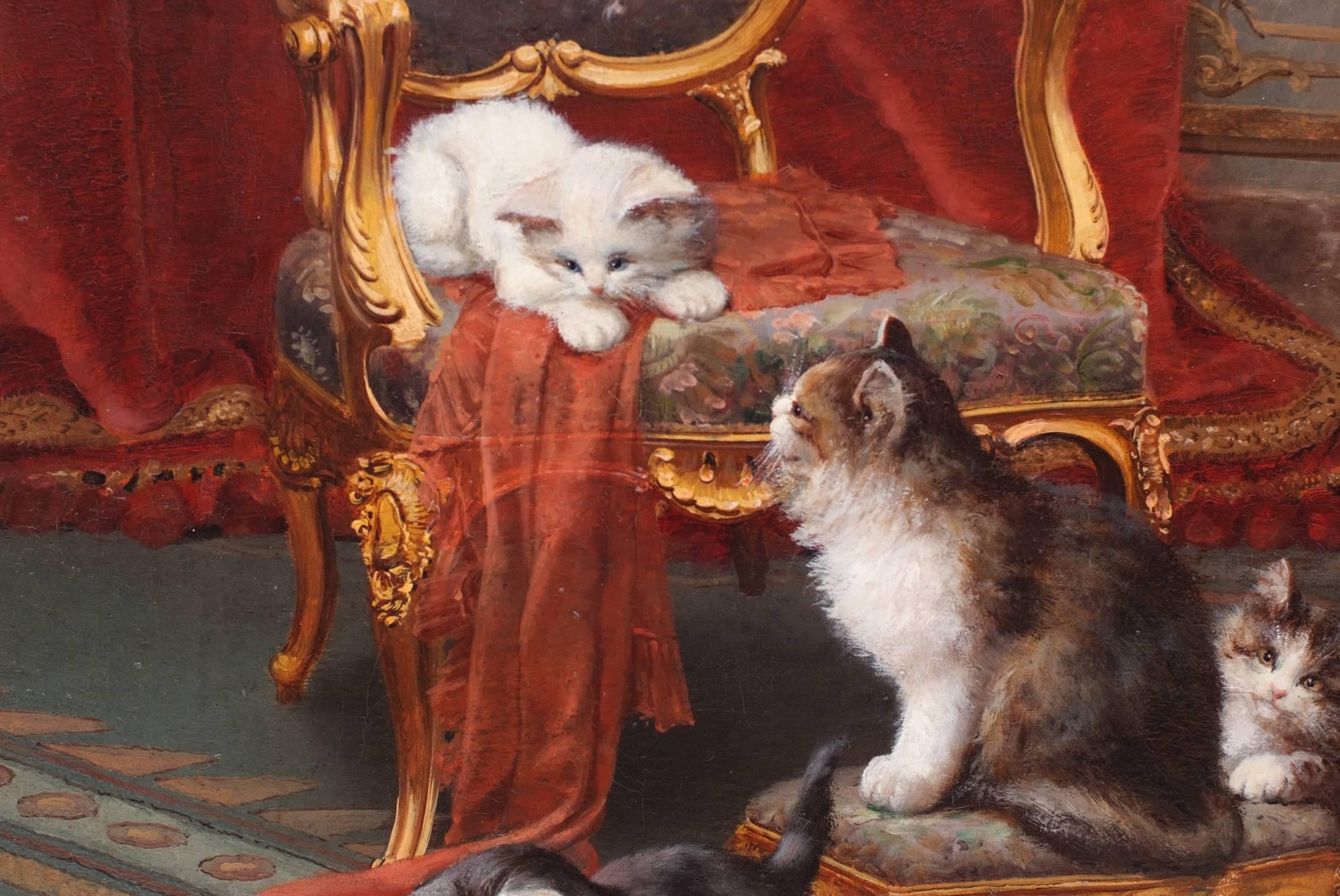 HUBER Léon Charles - Academic painting 19th century - Interior with Cats - Painting by Léon Charles Huber