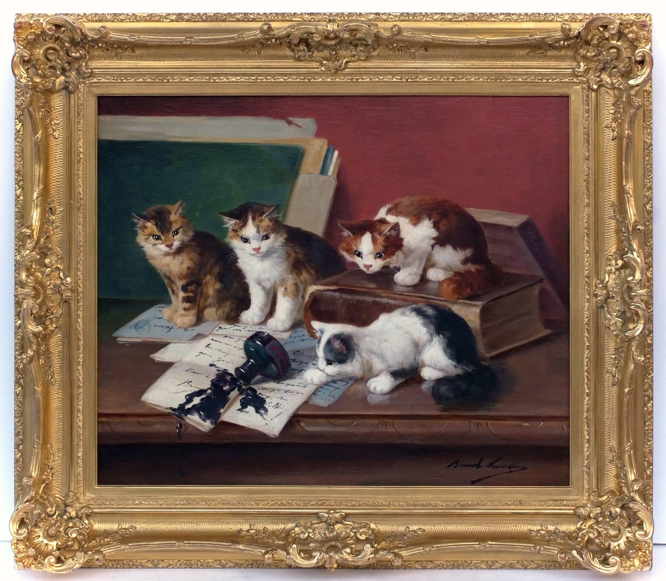 Alfred Arthur Brunel De Neuville Animal Painting - Alfred BRUNEL NEUVILLE - Painting animals interior cats
