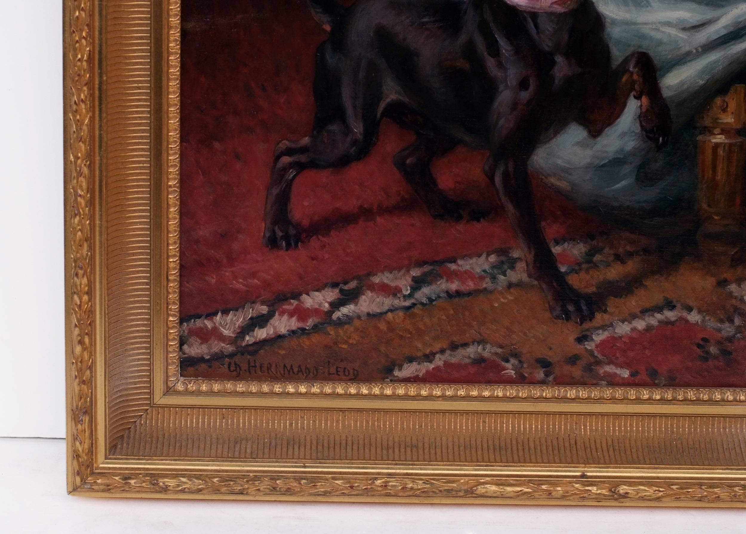 HERMMANN LEON - Peinture du 19ème siècle - Portrait d'un chien à l'intérieur  - Marron Animal Painting par Charles Herrmann-Léon