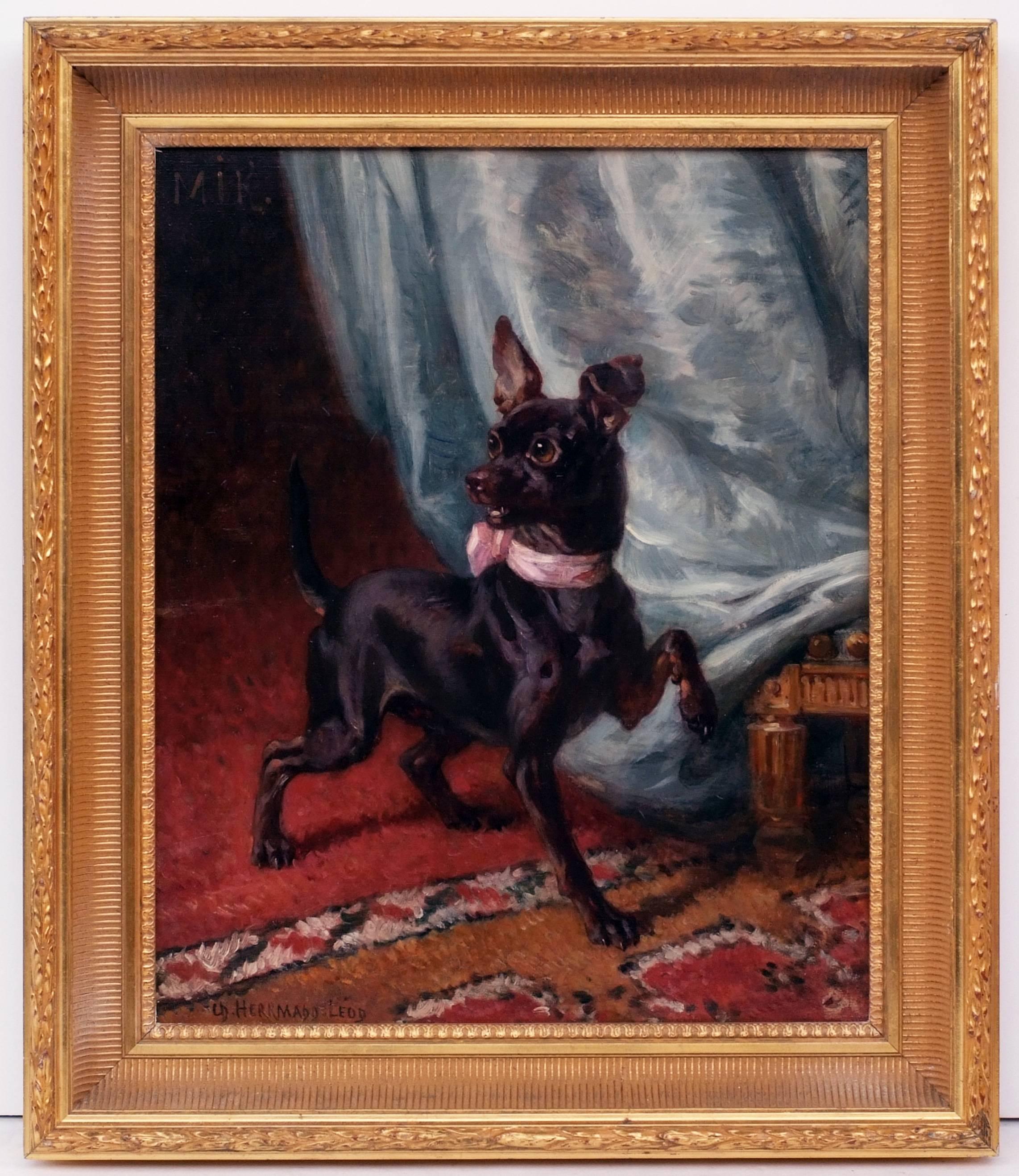 HERMMANN LEON - Peinture du 19ème siècle - Portrait d'un chien à l'intérieur 