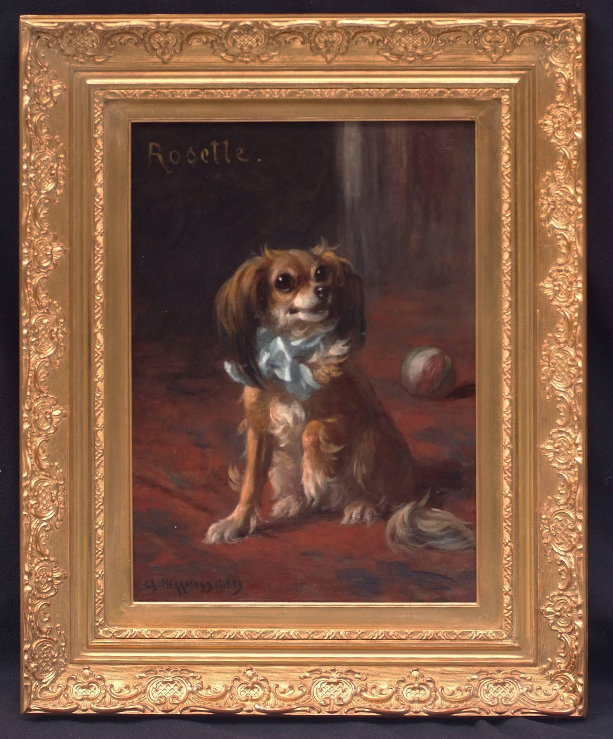 Charles Herrmann-Léon Interior Painting - Painting 19th century - Portrait of a Dog in interior
