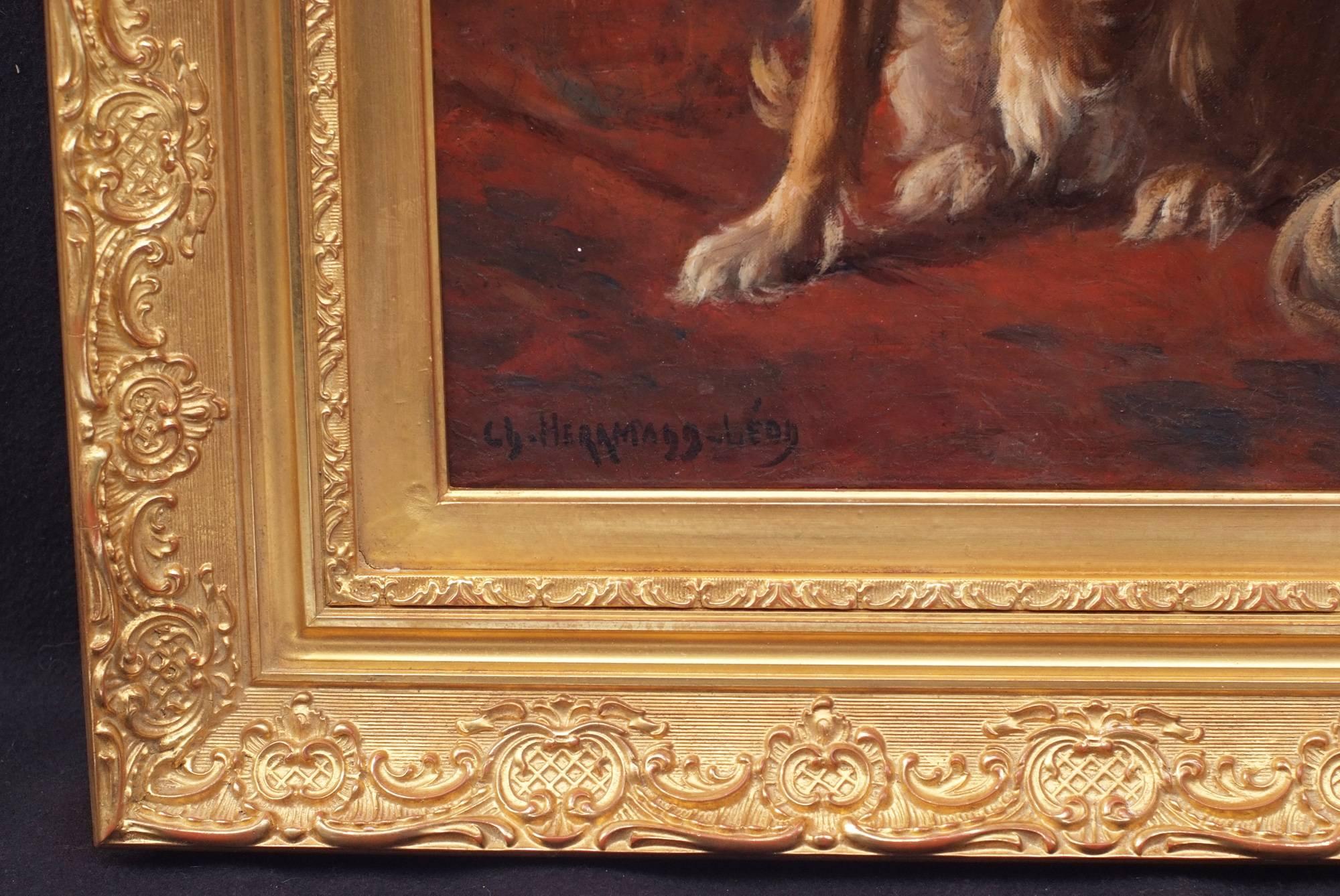 Painting 19th century - Portrait of a Dog in interior - Brown Interior Painting by Charles Herrmann-Léon