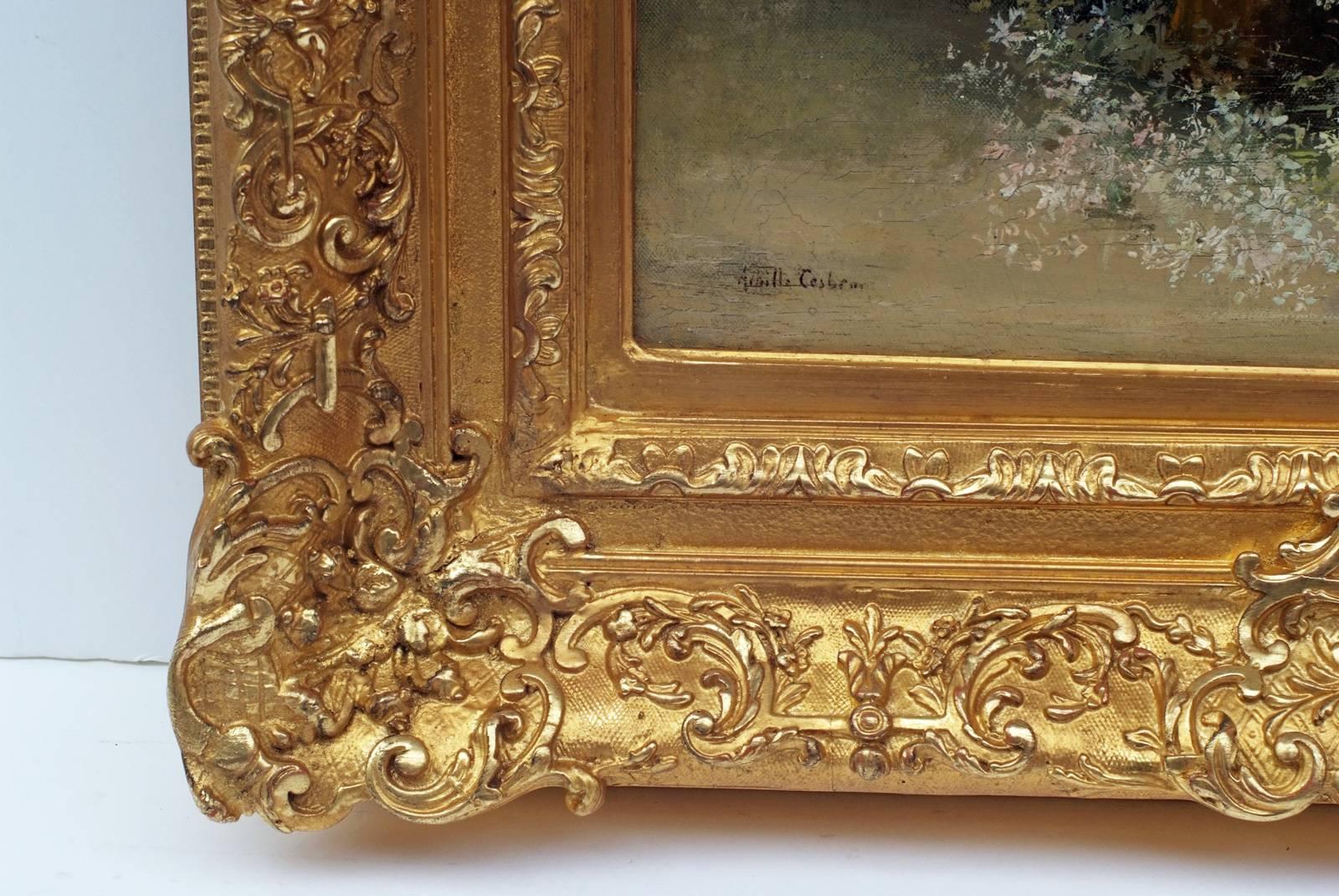 Achille Théodore CESBRON (1849-1915) 
Still Life Flowers 
Oil on canvas signed low left 
Frame gilded with leaves 
Dim canvas : 65 X 49 cm 
Dim frame : 90 X 74 cm 

Achille Théodore CESBRON (1849-1915) 
French painter 
Genre scene, portraits, still