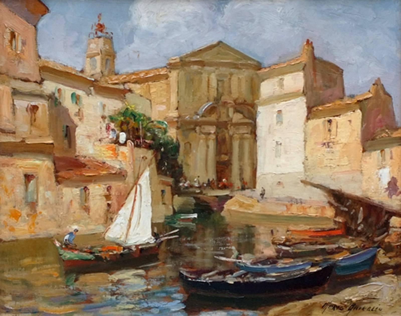 Merio AMEGLIO (1897-1970) Peinture - Marine - Côte d'Azur française - Port de Martigues - Marron Landscape Painting par Merio Ameglio