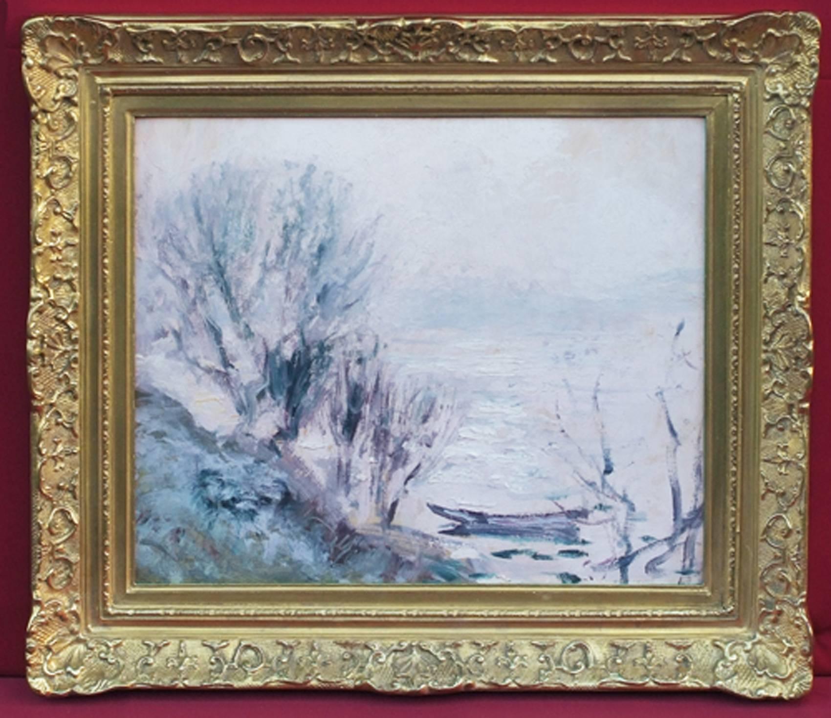 André Georges Barbier Landscape Painting - André Barbier (1883 -1970) Post impressionist painting Riverside in Winter