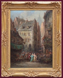 Painting of Lively Market in Rouen during 18th Century