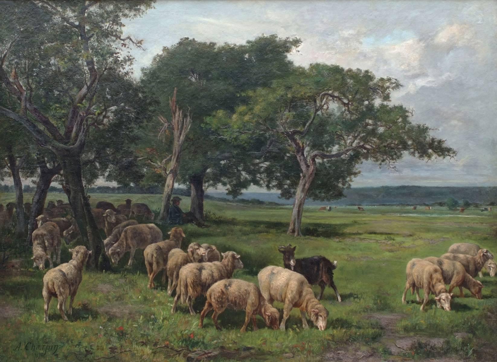 Pastoral Landscape With Sheeps - Painting by Albert Charpin