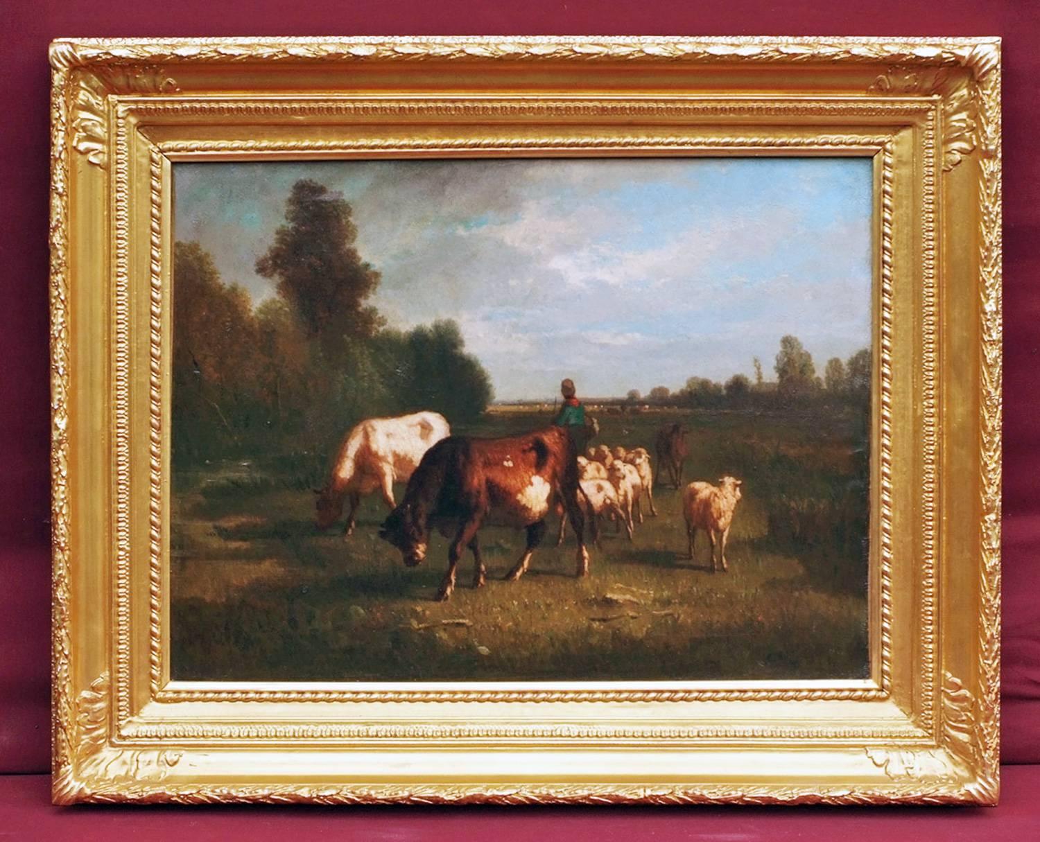 Landscape Painting Antonio Cortes - Peinture à l'huile du 19ème siècle - Paysage de vaches de Barbizon 