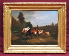 Peinture à l'huile du 19ème siècle - Paysage de vaches de Barbizon