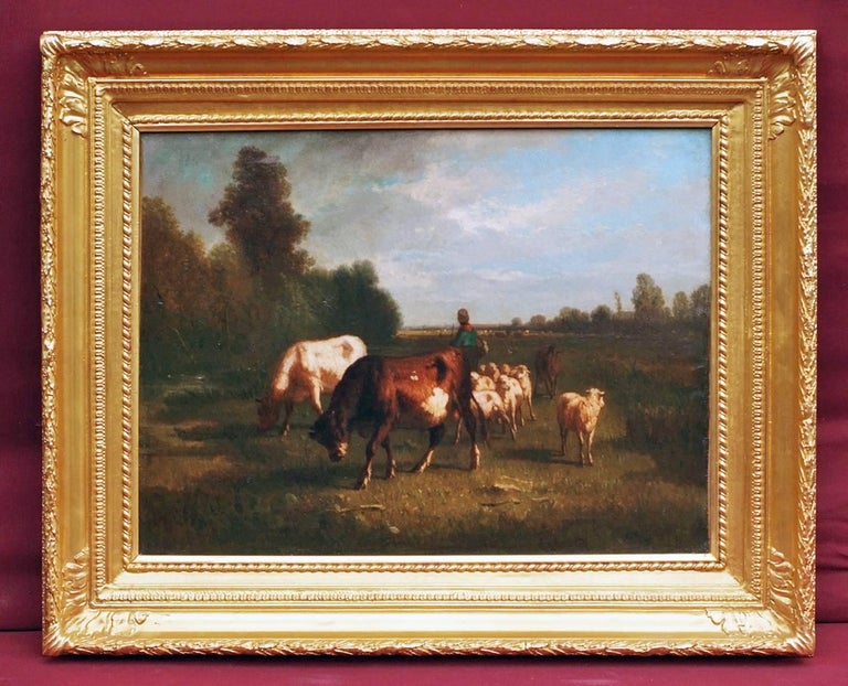 Antonio Cortes Landscape Painting - Oil Painting 19th Century Cows Landscape Barbizon 