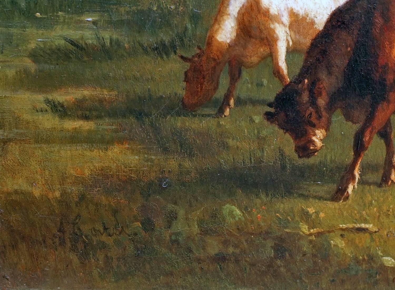 Peinture à l'huile du 19ème siècle - Paysage de vaches de Barbizon  - École de Barbizon Painting par Antonio Cortes