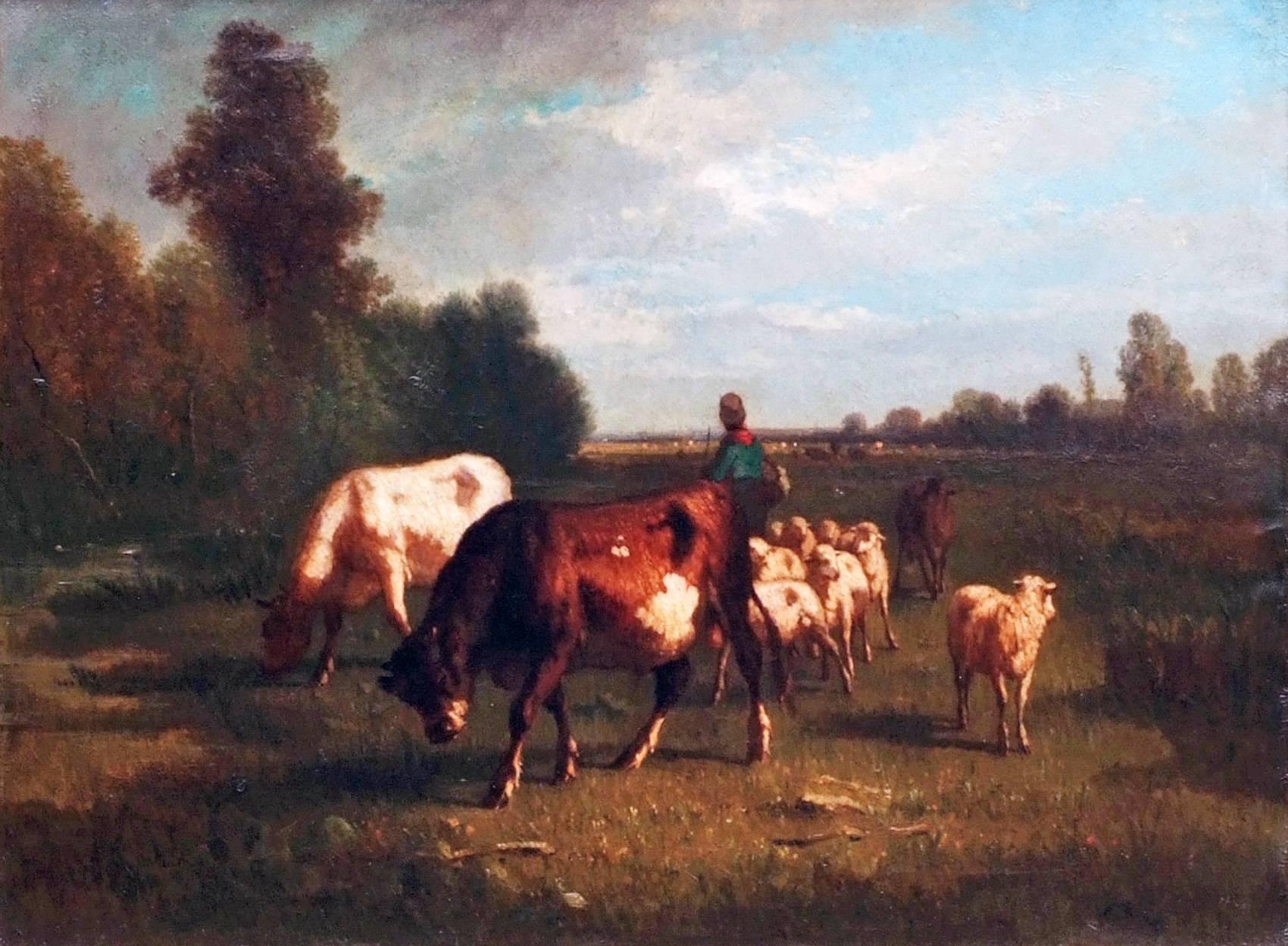 Peinture à l'huile du 19ème siècle - Paysage de vaches de Barbizon  - Marron Landscape Painting par Antonio Cortes