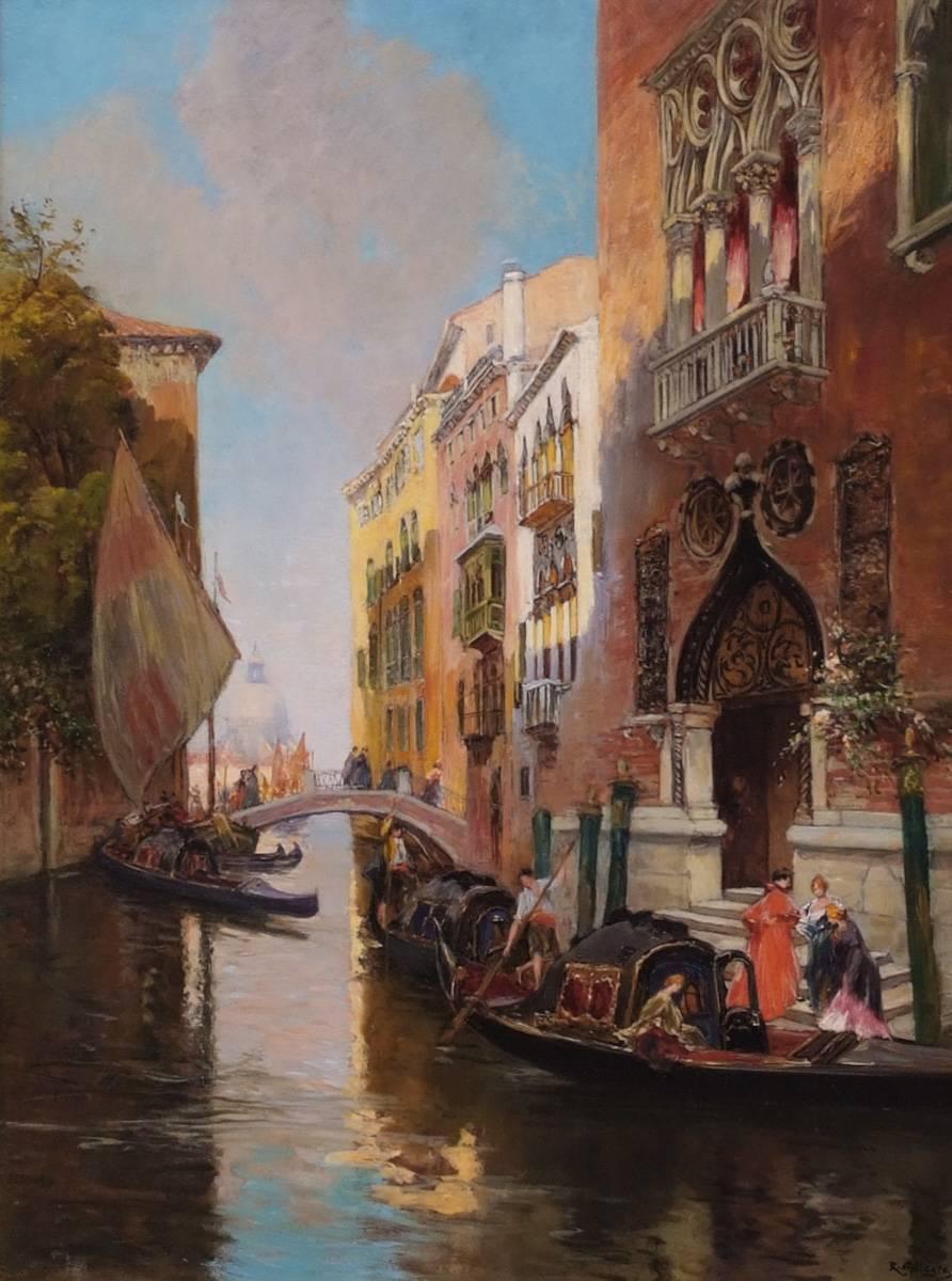 Painting 19th Century Venice, Canal, Characters - Brown Landscape Painting by Allegre Raymond