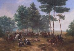 Painting 19th Century Fox Hunting Scene With Characters Horses and Dogs