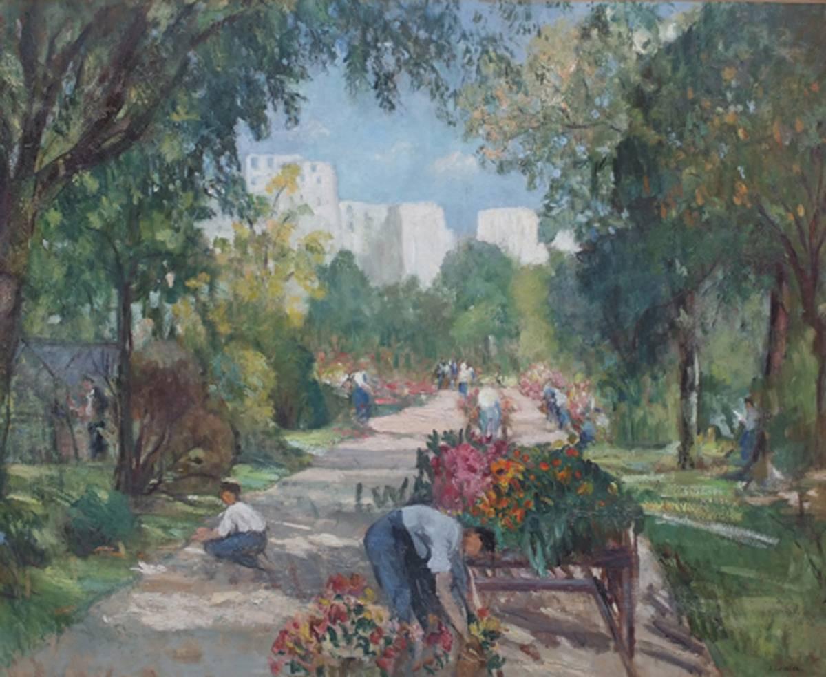 Peinture début 20ème siècle Paysage Jardin et personnages - Painting de LOURIER-DREYFUS Jeanne