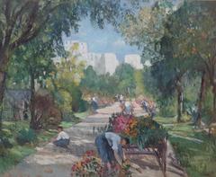 Painting Early 20th Century Landscape Garden and Characters