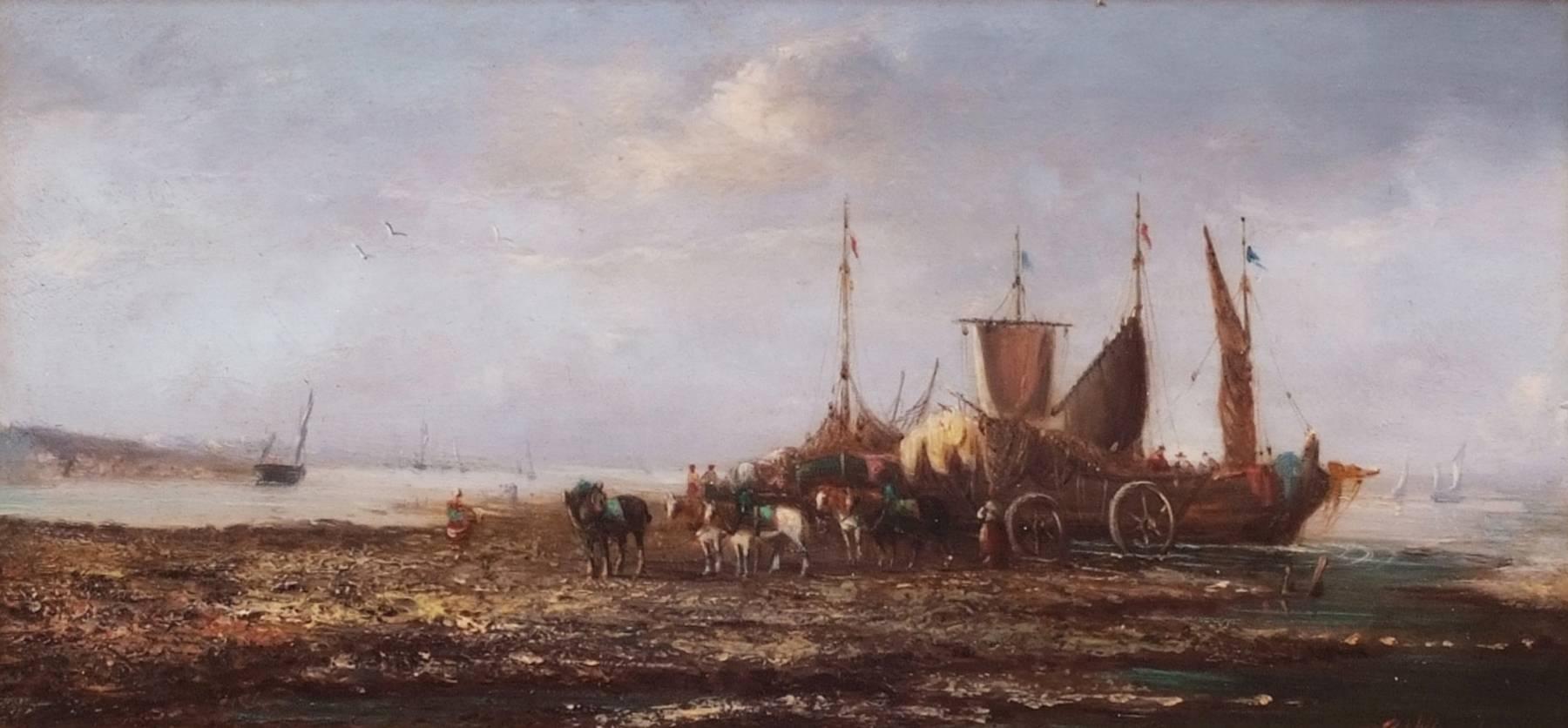 Paintings Seascape Marines  Fisching Scene on the Coastline Shore - Brown Landscape Painting by Pierre Julien Gilbert