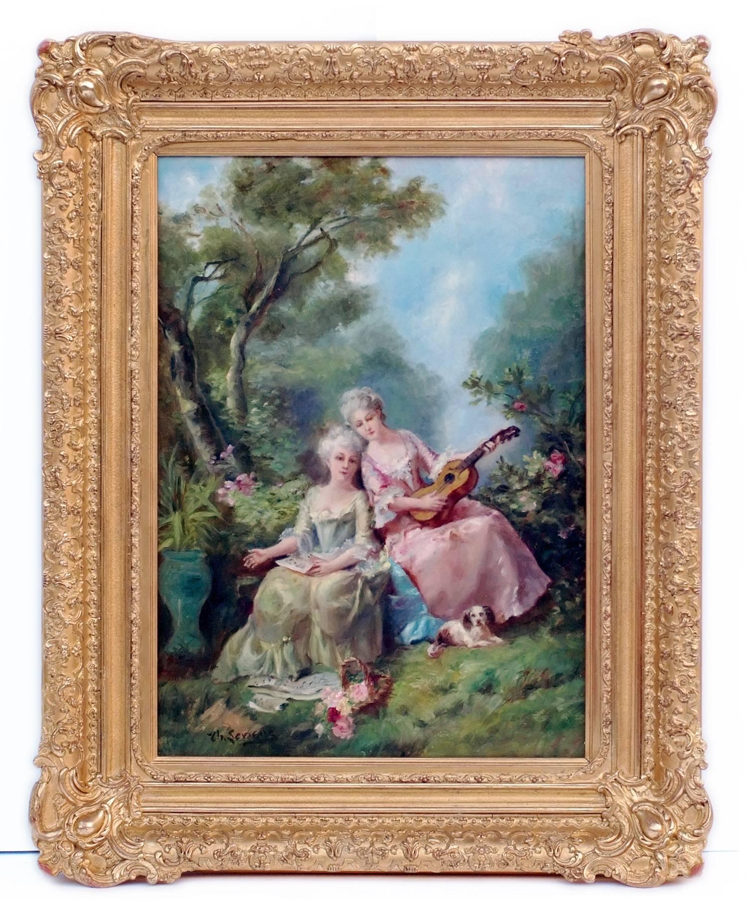 Painting 19th Century Showing Women Playing Music in 18th Century