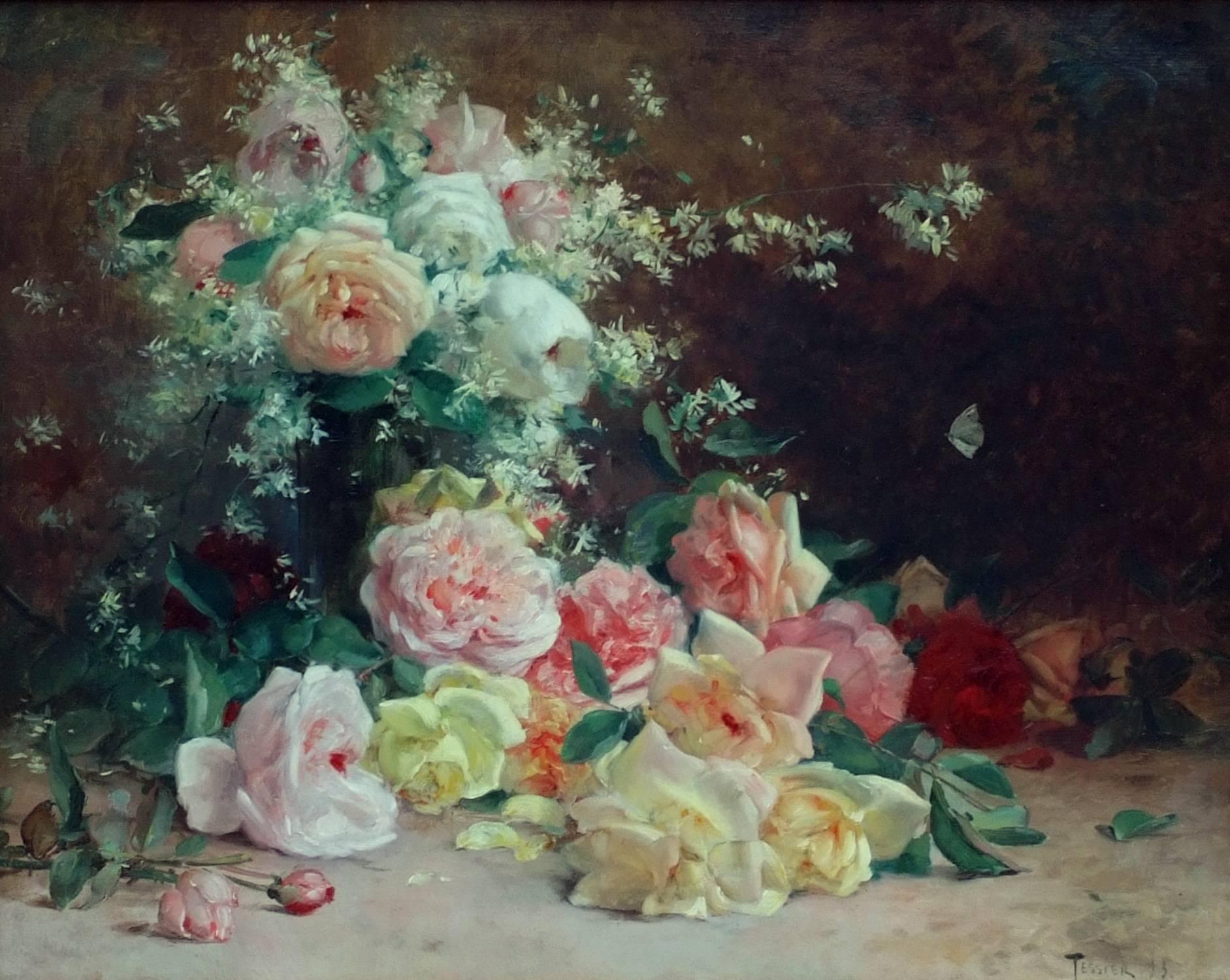 Painting 19th Century Flowers - Brown Still-Life Painting by Louis Adolphe Tessier