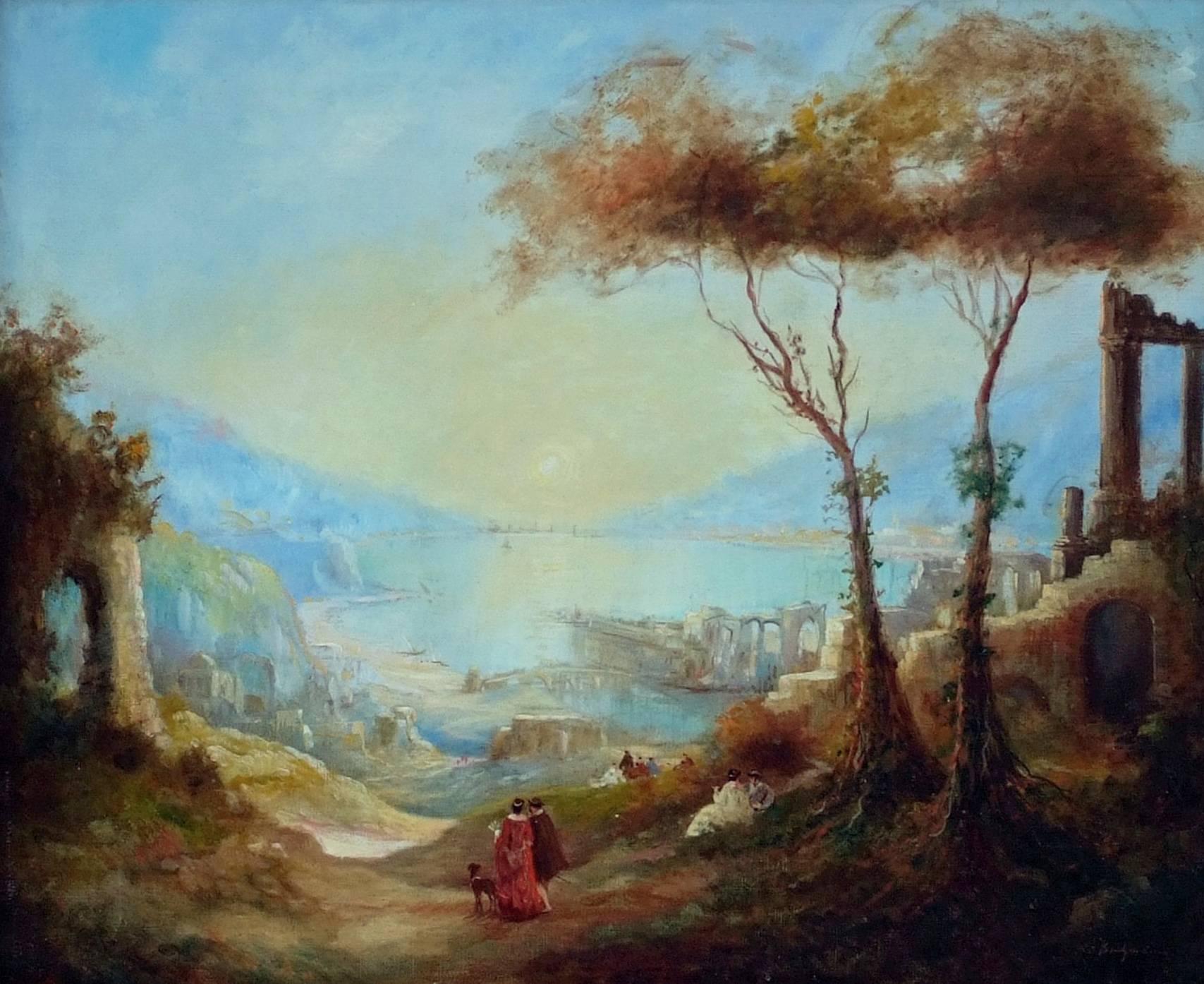 Peinture - Paysage du XIXe siècle - Ruines anciennes en vente 1