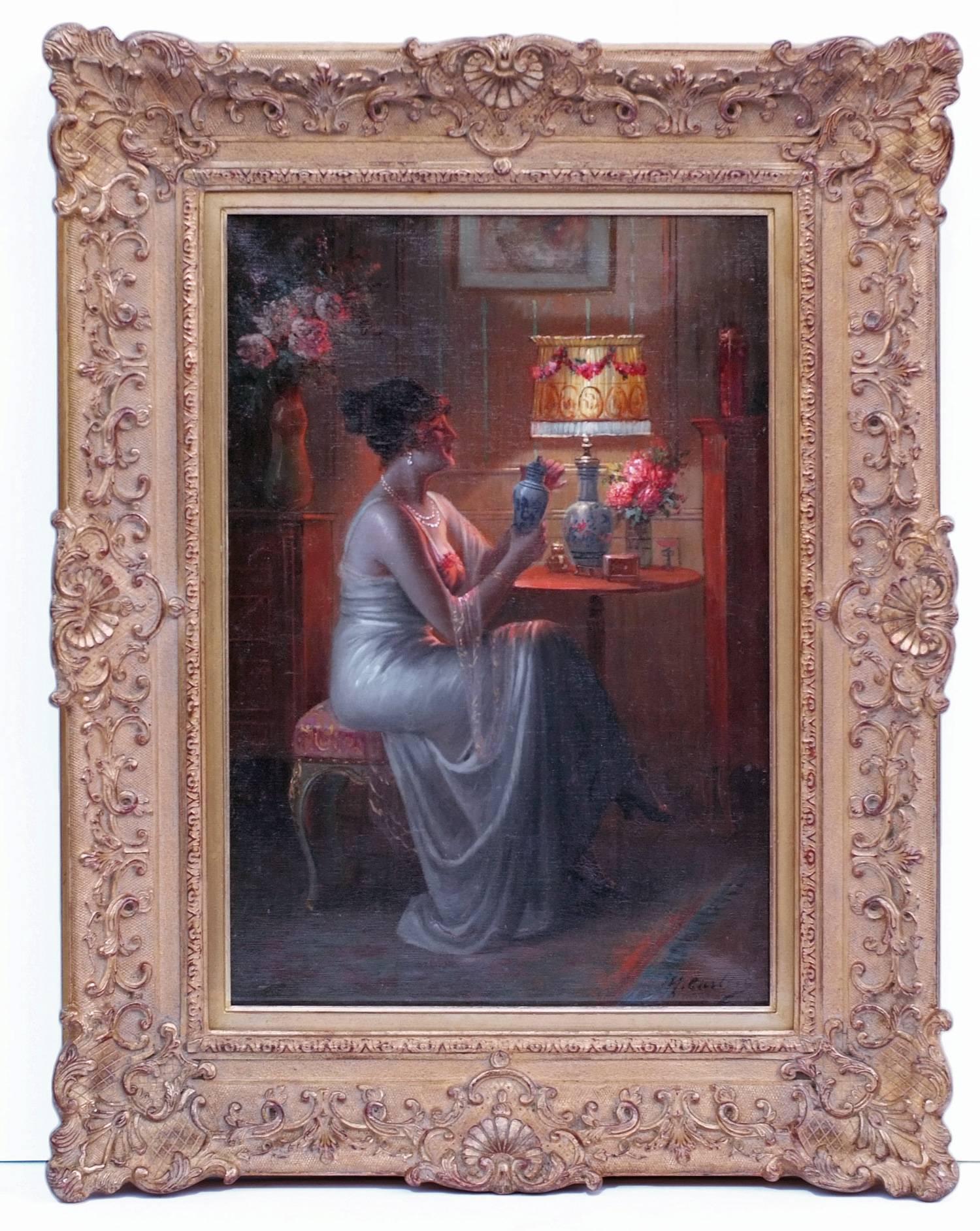 Max Albert Carlier Interior Painting - Painting Early 20th Century Genre Scene Interior Portrait Woman
