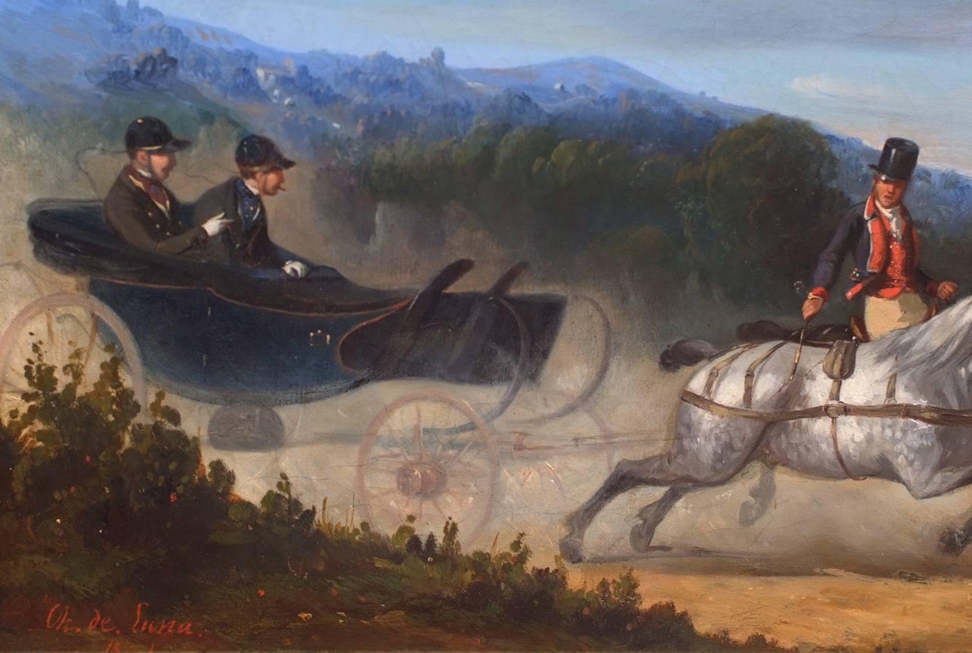 Gemälde des 19. Jahrhunderts – Pferde und Kutschen – Charles de Luna (1812-1866)  – Painting von Charles De Luna