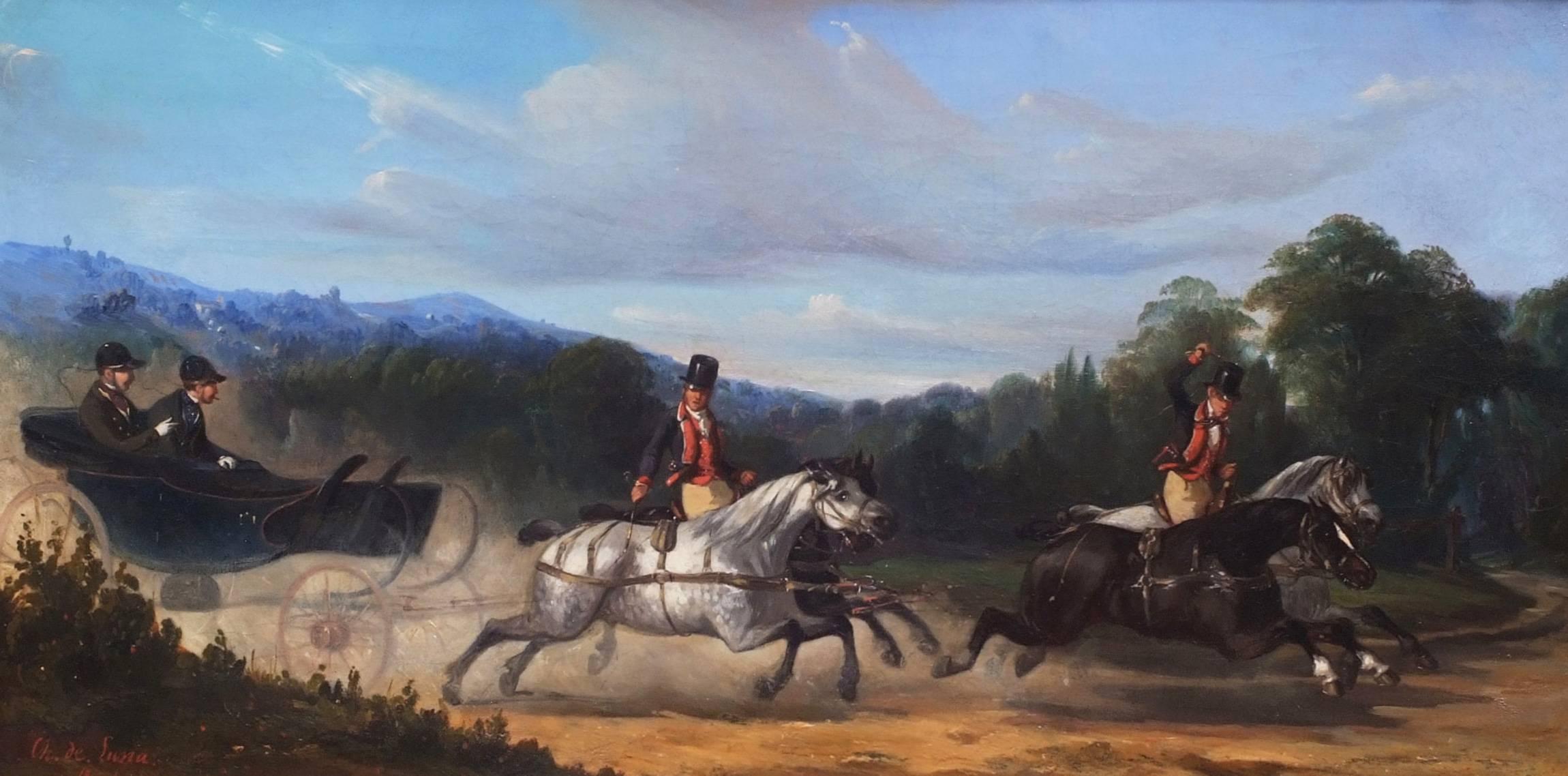 Gemälde des 19. Jahrhunderts – Pferde und Kutschen – Charles de Luna (1812-1866)  (Braun), Landscape Painting, von Charles De Luna