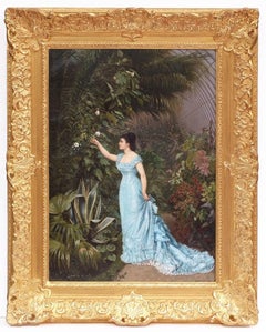 Painting 19th century Garden Flowers Portrait Lady Empire Period