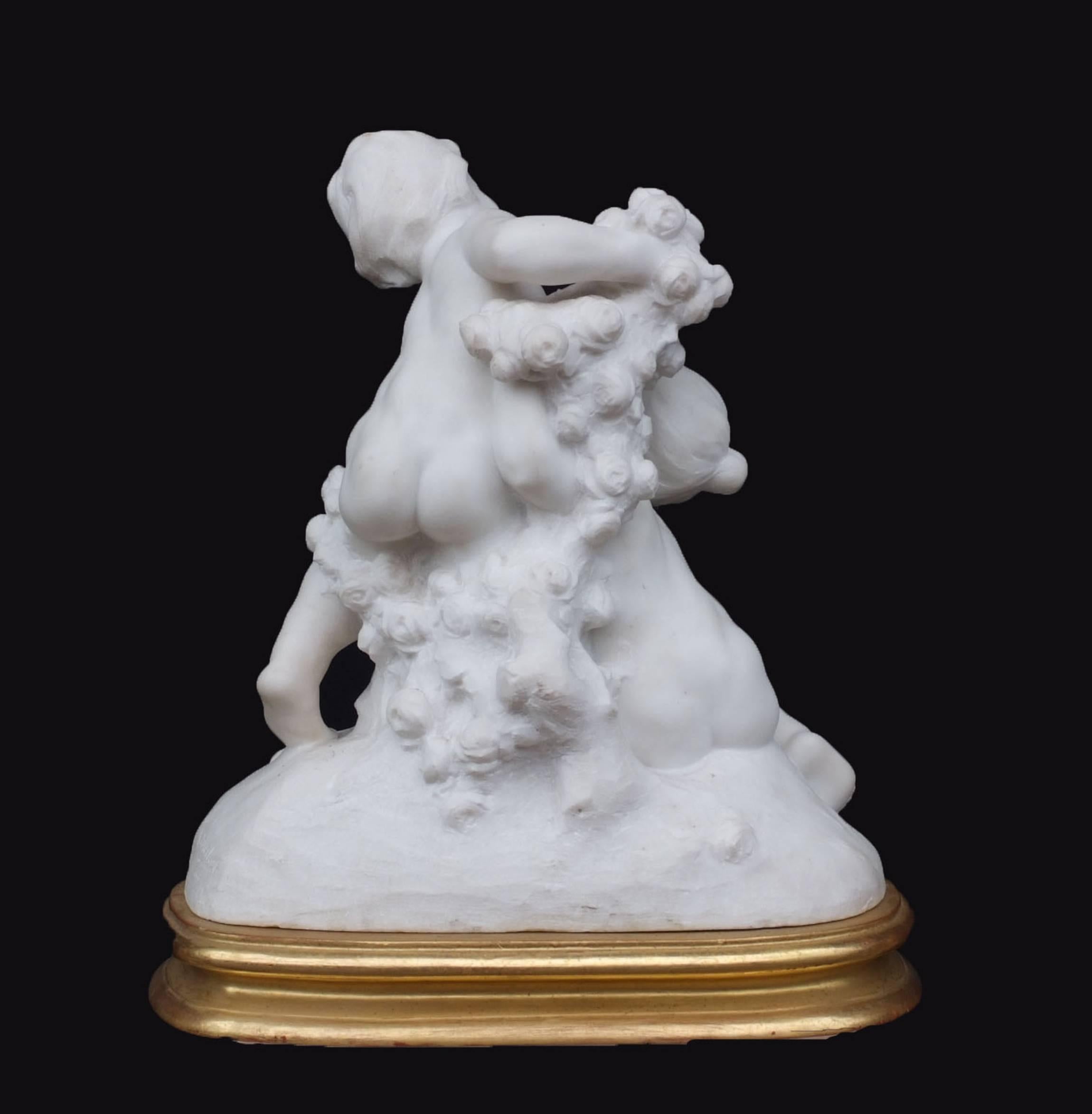 DESCATOIRE Alexandre (1874-1949)
Direct marble sculpture with size
Subject: Cherubs with roses
Signature engraved in the marble low right side A.Descatoire 
Base : wood gilded with leaves
Dimensions with base: H50cm X L 43cm X D25cm
Height of base: