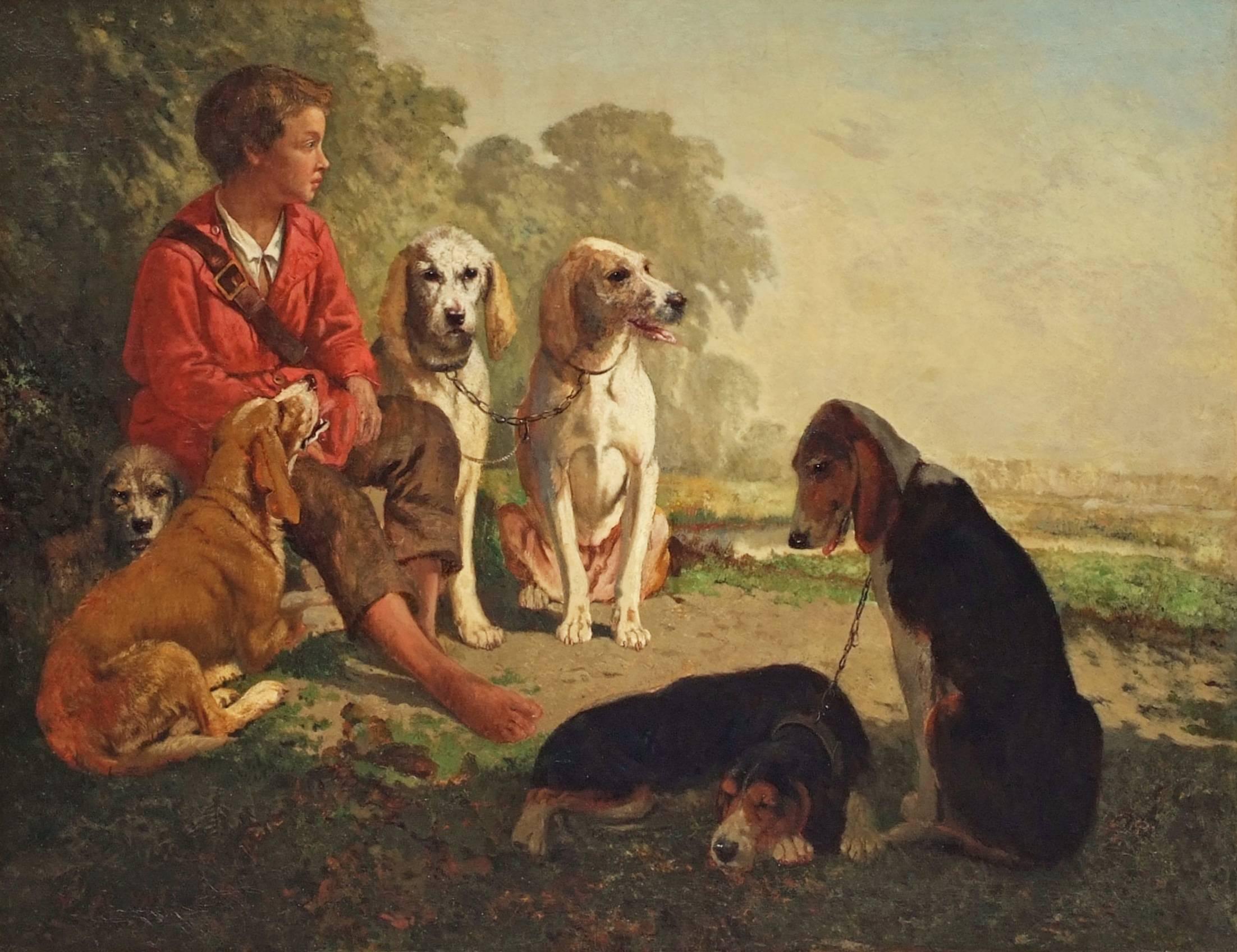 Painting 19th century Portrait Hunting Scene with Dogs - Brown Landscape Painting by Joos Vincent de Vos