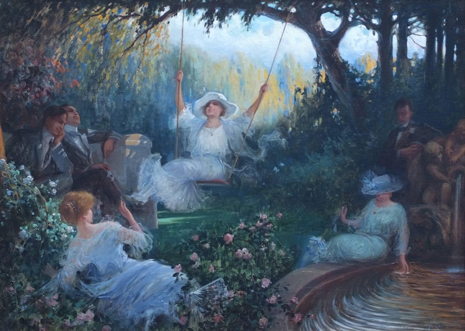 The Swing - Scène romantique dans le jardin - Gris Landscape Painting par Antonio Cerveto