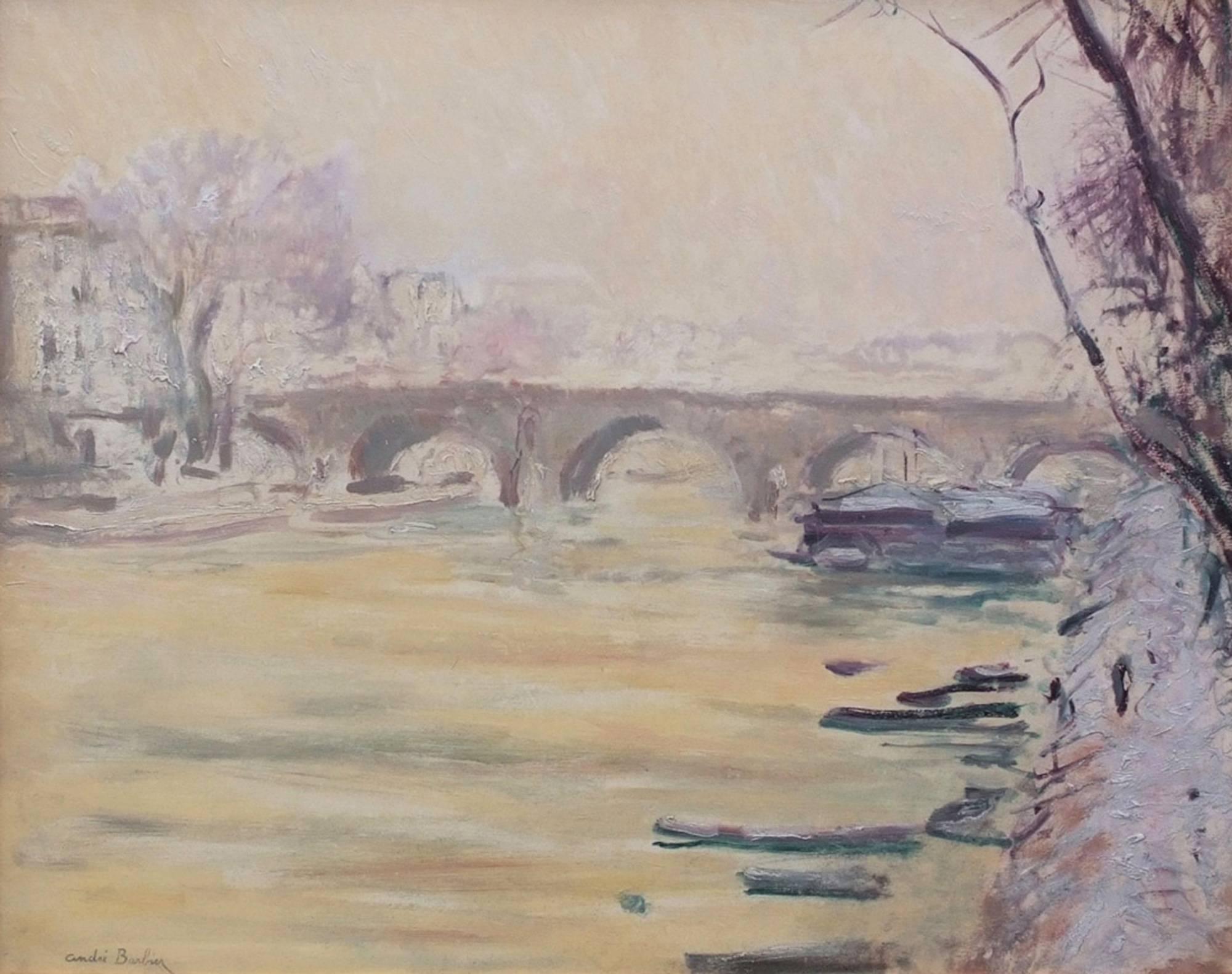 Pintura postimpresionista, Puente sobre el río Sena en París - Landscape Painting Marrón de André Georges Barbier