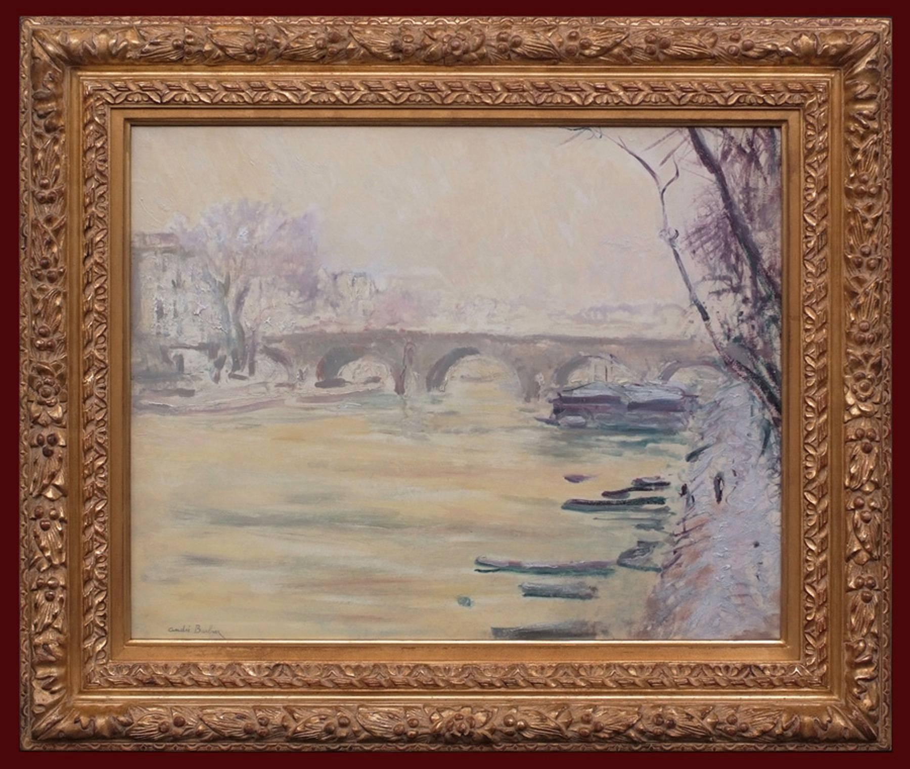 Landscape Painting de André Georges Barbier - Pintura postimpresionista, Puente sobre el río Sena en París