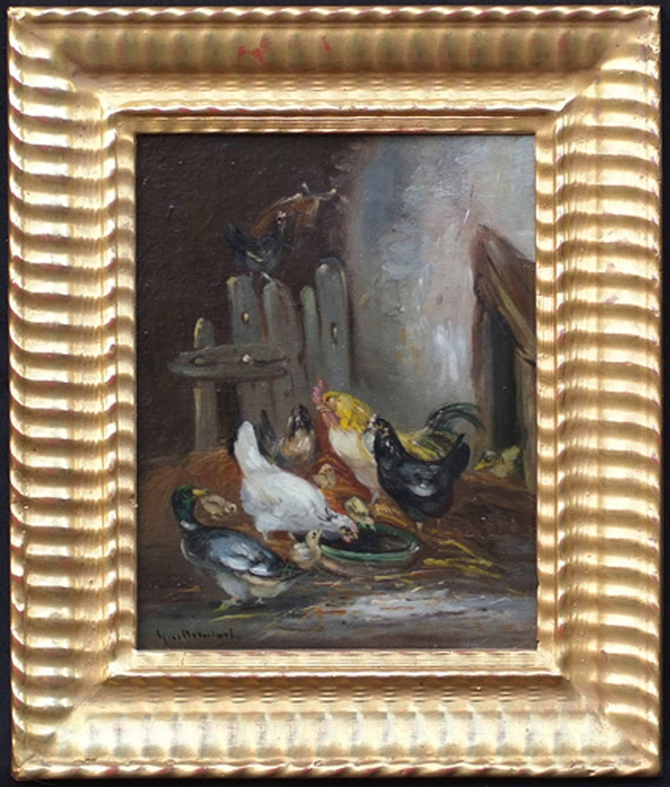  Chickens in the Farmyard in pair - Academic Painting by Claude Guilleminet