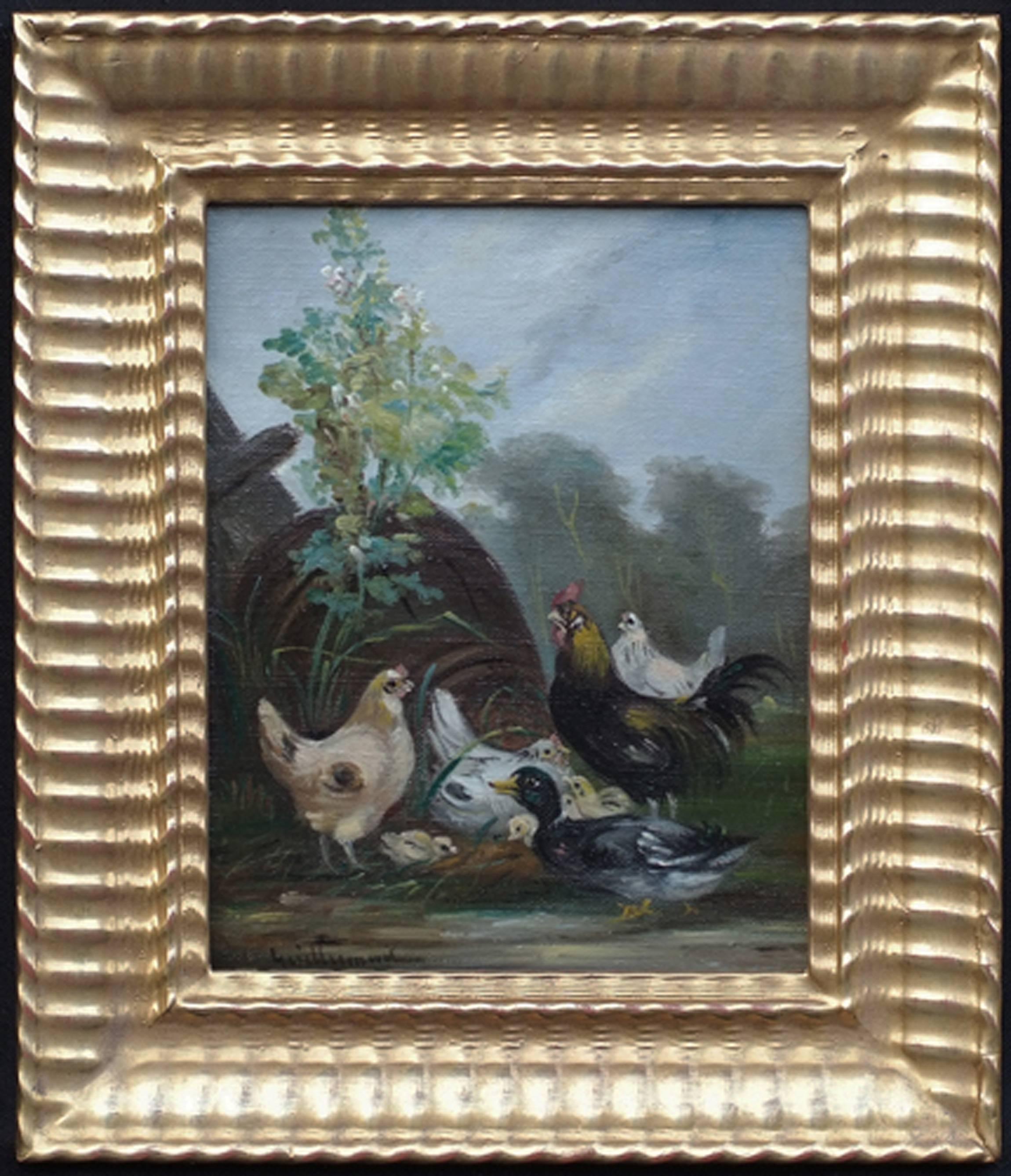  Chickens in the Farmyard in pair - Painting by Claude Guilleminet