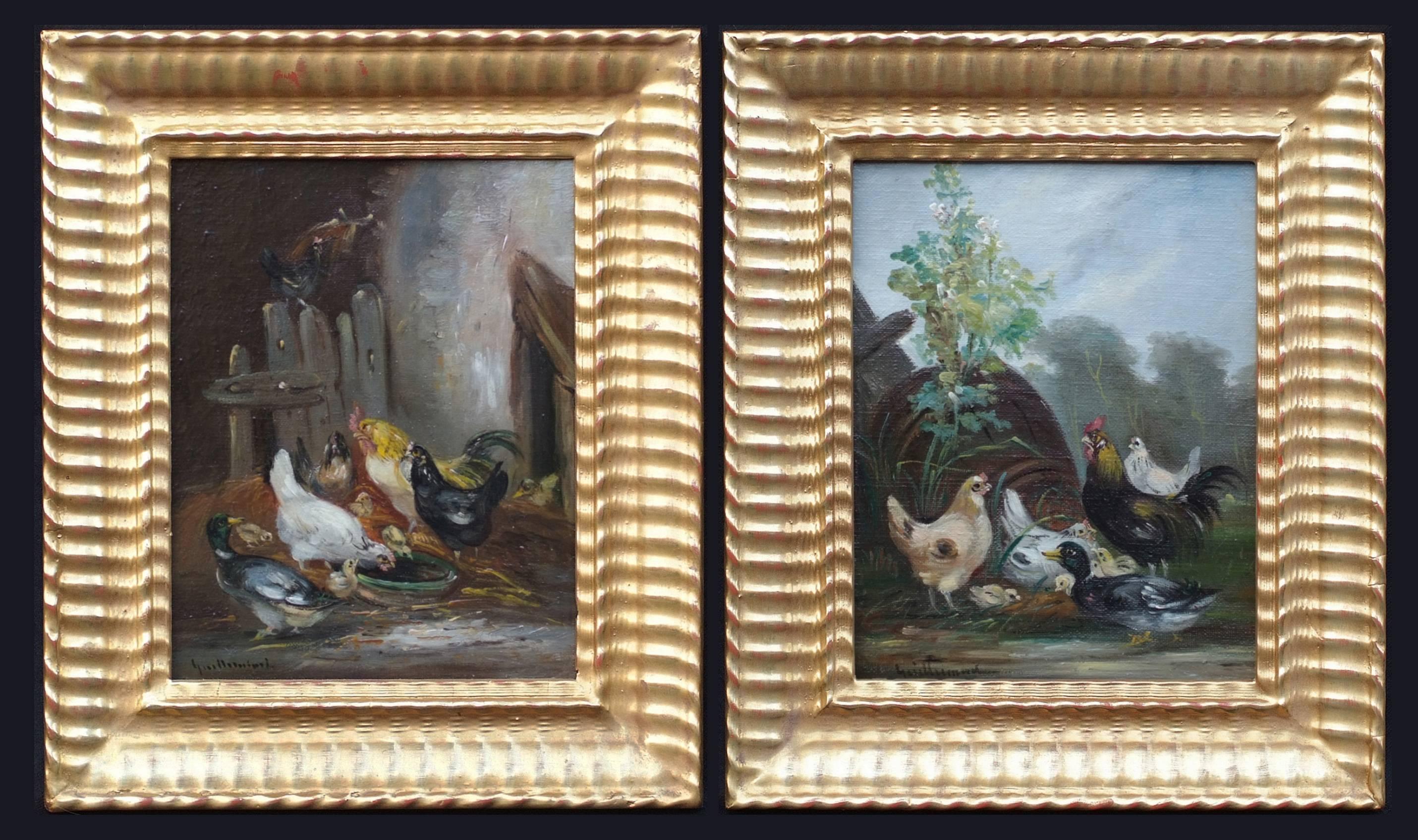 Claude Guilleminet Animal Painting -  Chickens in the Farmyard in pair