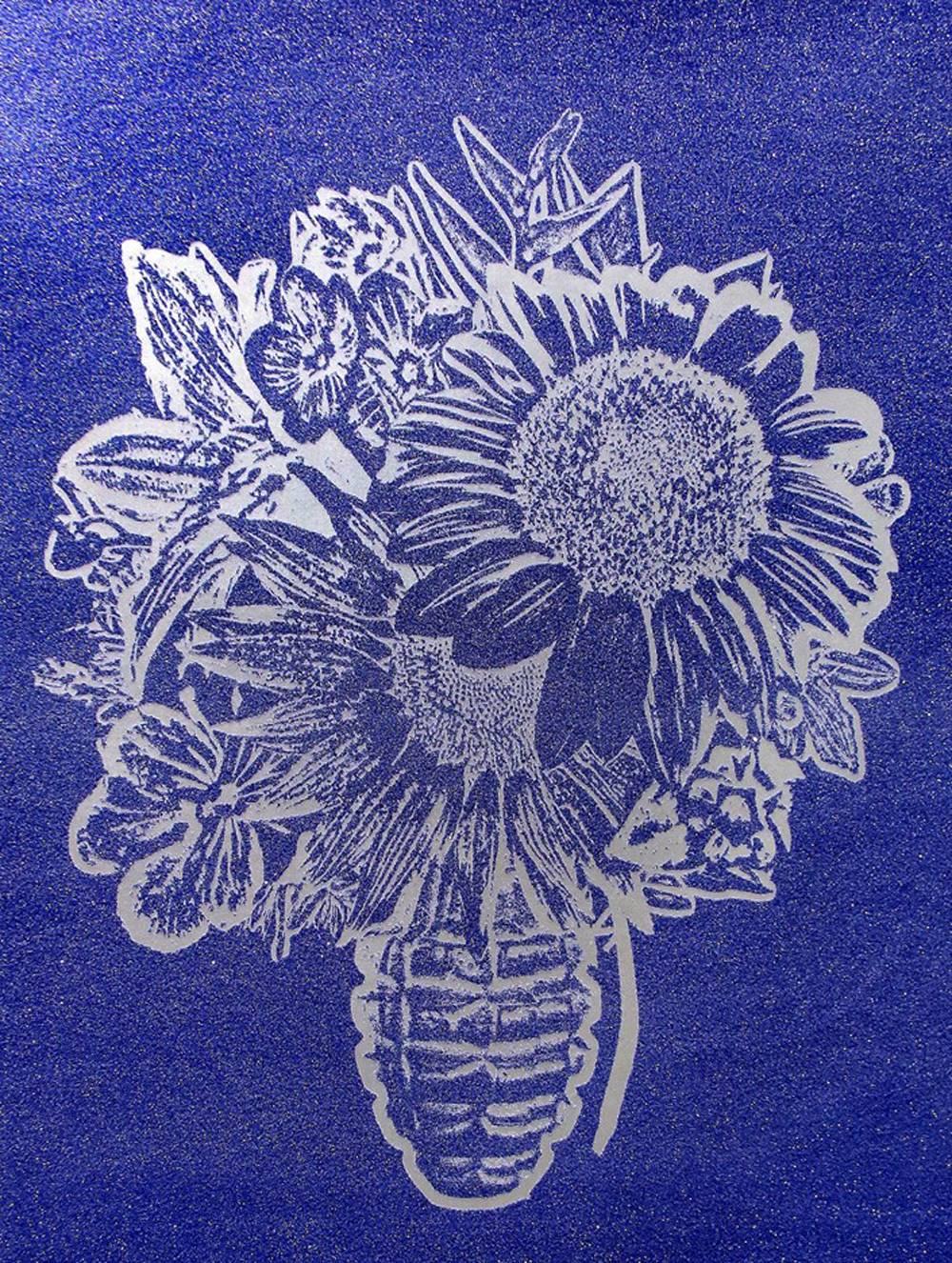 Flower Vase Silver on Blue - Mixed Media Art by Rubem Robierb
