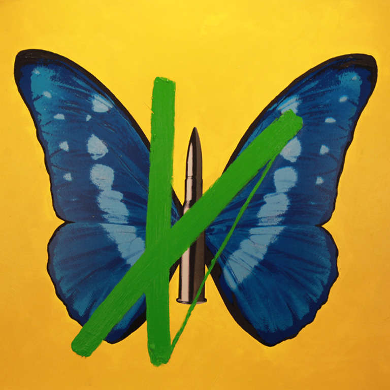 Butterfly on yellow with green Cross - Mixed Media Art by Rubem Robierb