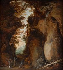Rocky landscape with three resting travellers near a waterfall