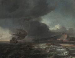 Ships in stormy waters off a coast