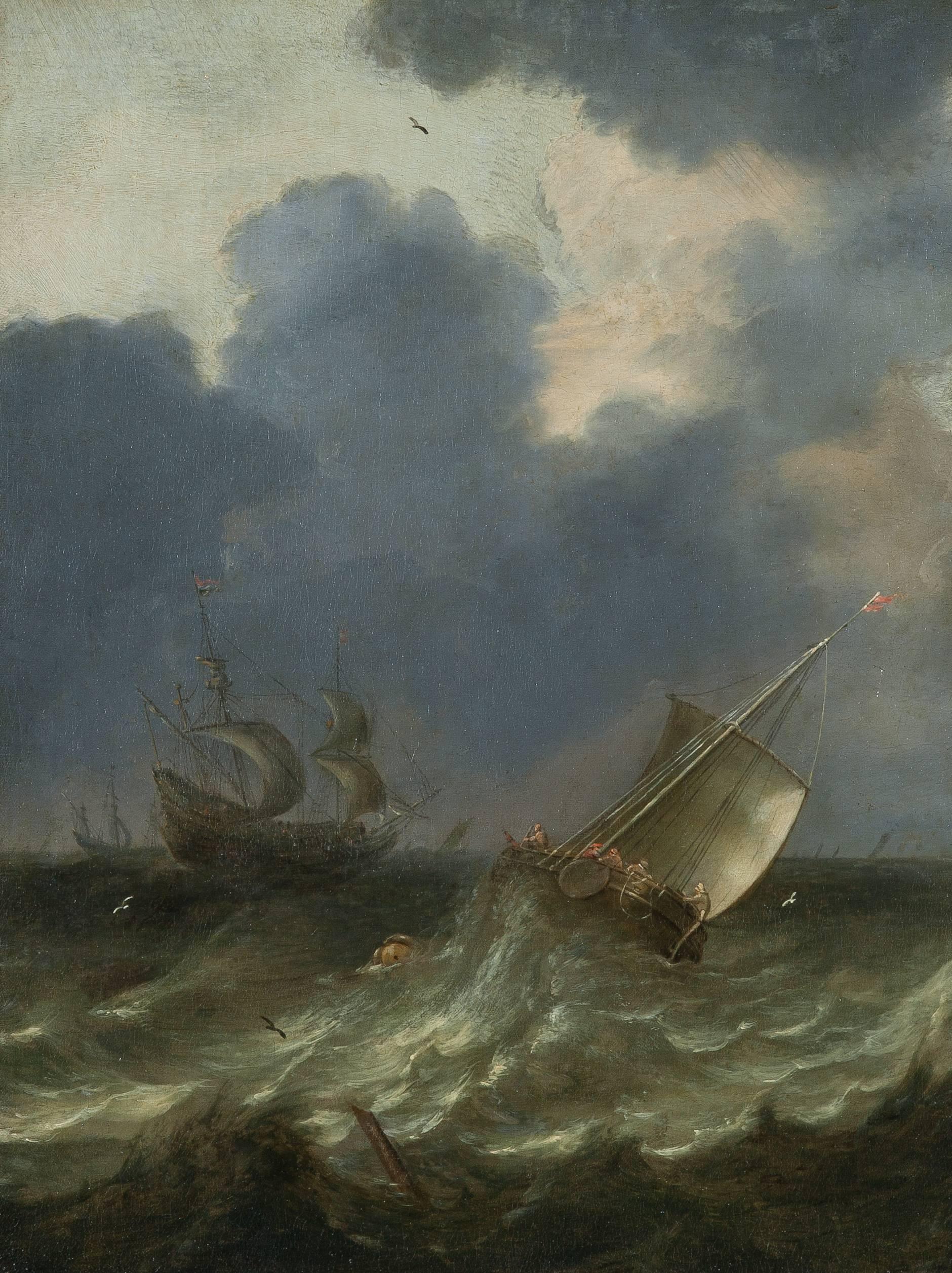 Pieter Mulier the Elder Landscape Painting - Coastal ships in a stormy sea 