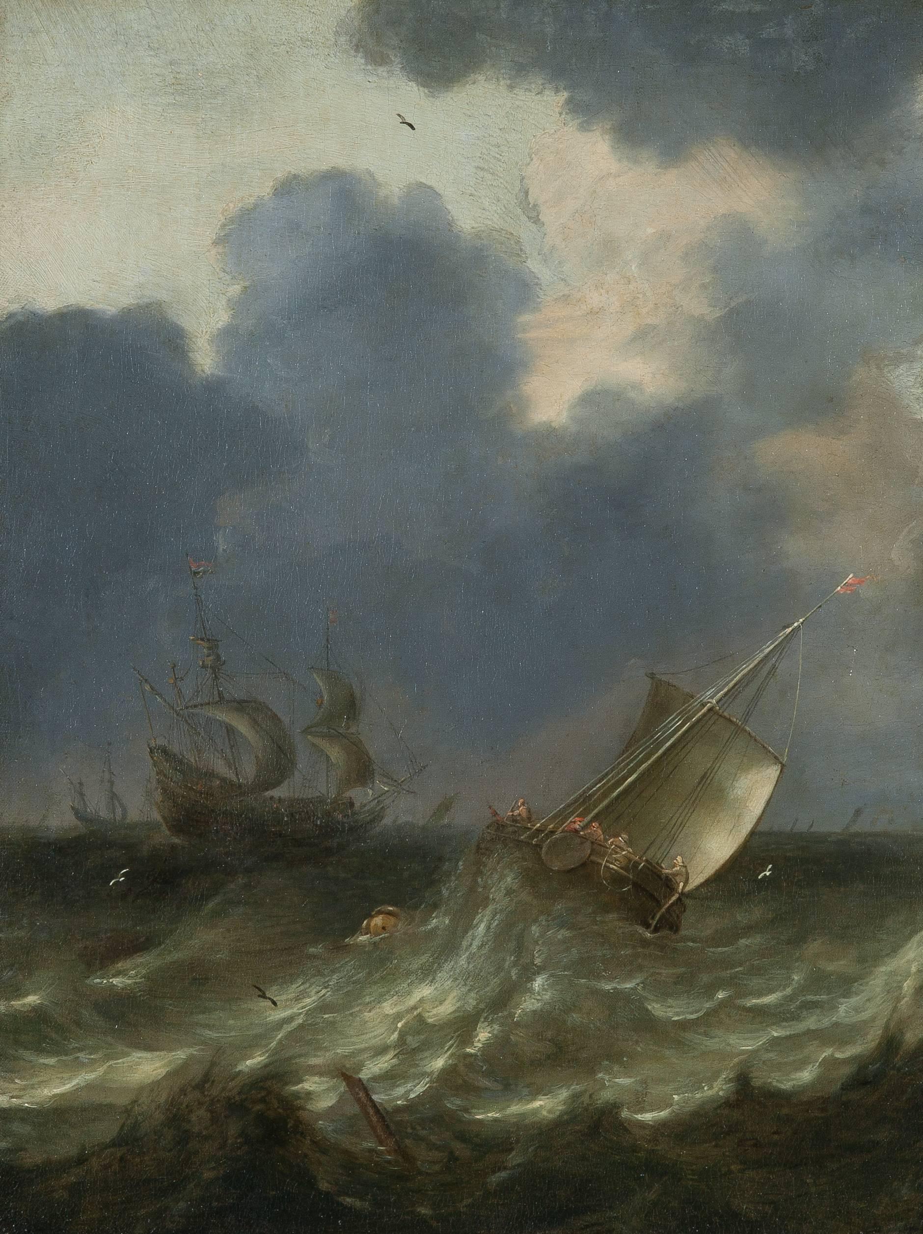 Pieter Mulier the Elder Landscape Painting - Coastal ships in a stormy sea