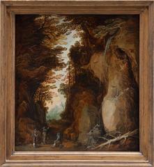 Rocky landscape with three resting travellers near a waterfall