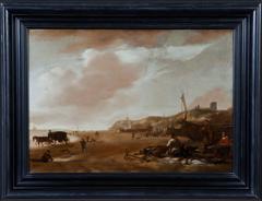 Figures on the beach of Egmond aan Zee,  a lady selling fish