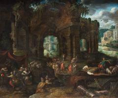 Antique Roman landscape with ruins and a carnival procession